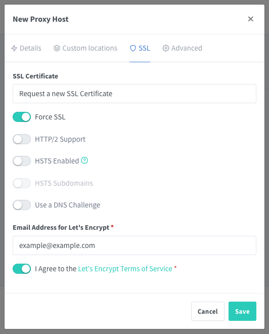 Adding an SSL certificate to a proxy host in the Nginx Proxy Manager Adding an SSL certificate to a proxy host in the Nginx Proxy Manager