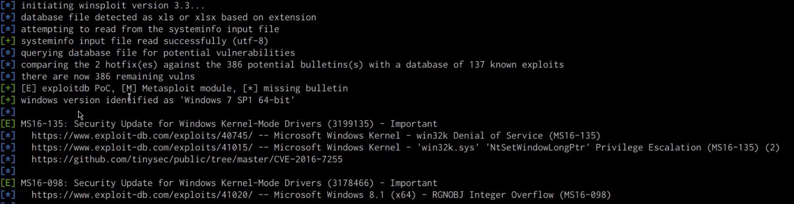 Windows Kernel Exploits - Windows-Exploit-Suggester output Windows Kernel Exploits - Windows-Exploit-Suggester output
